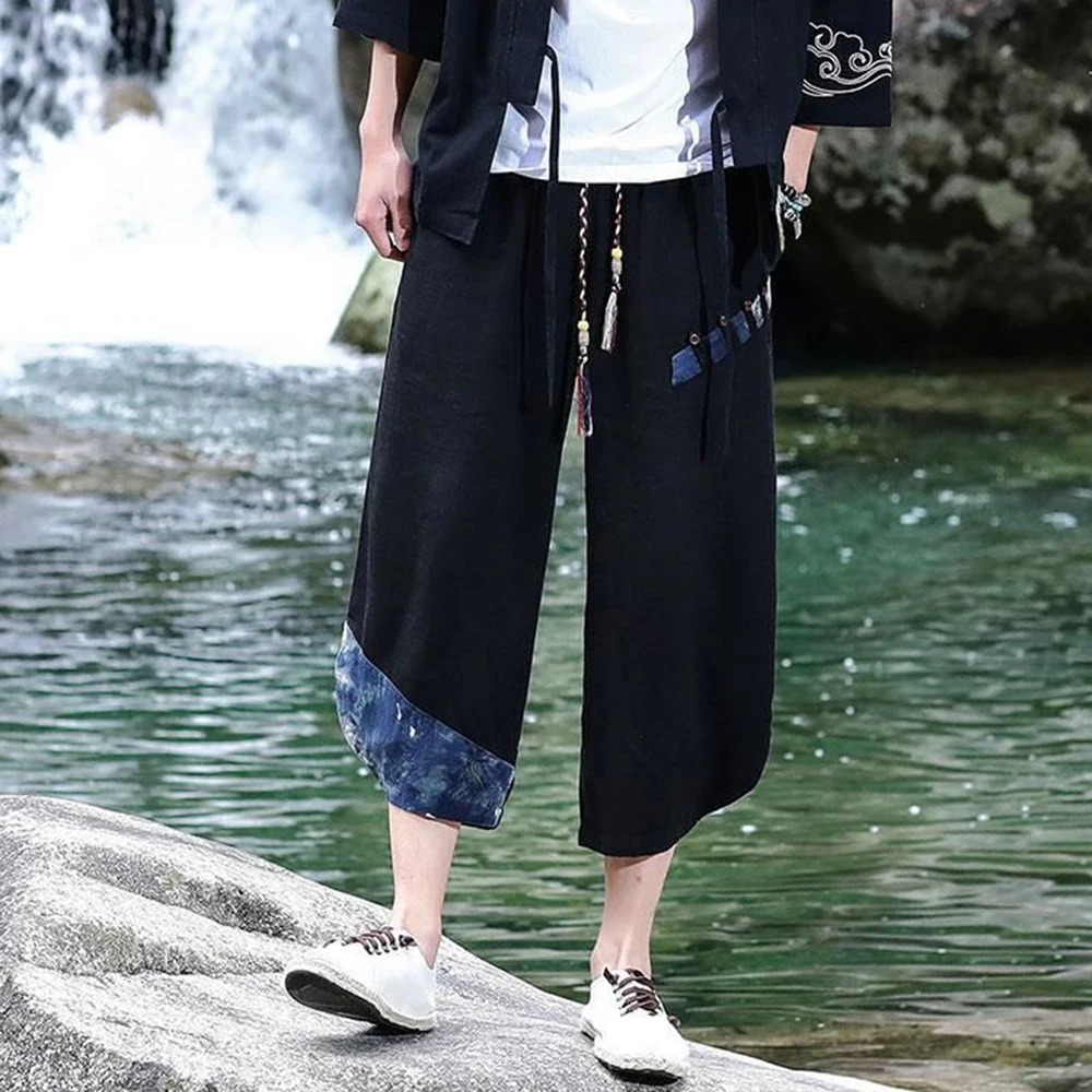 Summer Linen Chinese Style Men's Traditional National Totem Printing Silhouette Loose Bloomers Cropped Wide-leg Pants