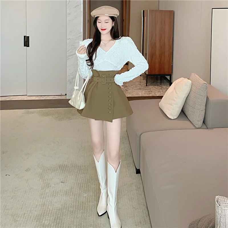 Gothic Bud Elegant Mini A-line High Waist Korean Button Sashes Elegance Autumn Casual Ladies Office Women Ball Gown Skirts crop top with skirt