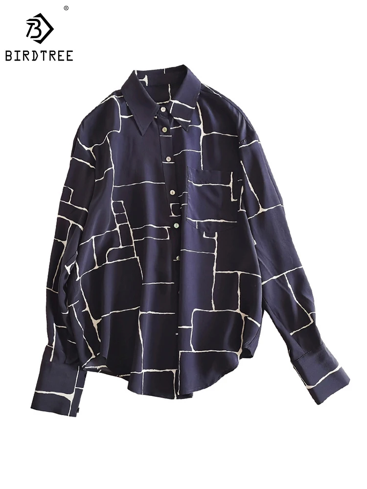 

Birdree Women's Print Shirt 100% Silk Crepe Long Sleeve Marble Print French Shirt Navy Blue Spring And Autumn New Top T38218QD