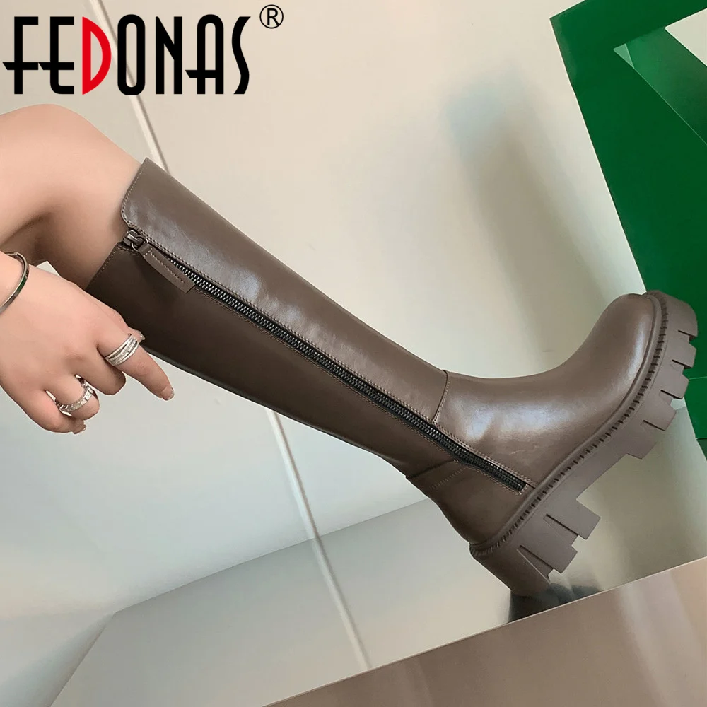 

FEDONAS Women Knee-High Boots Platforms Genuine Leather Side Zipper Office Lady Casual Elegant Autumn Winter Shoes Woman Basic