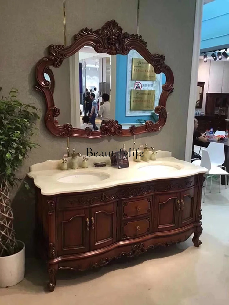 

European Oak Bathroom Cabinet American Solid Wood Bathroom Table Marble Hand Washing Bathroom Cabinet