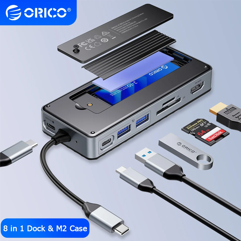 ORICO 8 en 1 USB Hub tipo C estación de acoplamiento divisor adaptador de enchufe multipuerto M.2 SSD carcasa NVMe PC portátil Accesorios - AliExpress