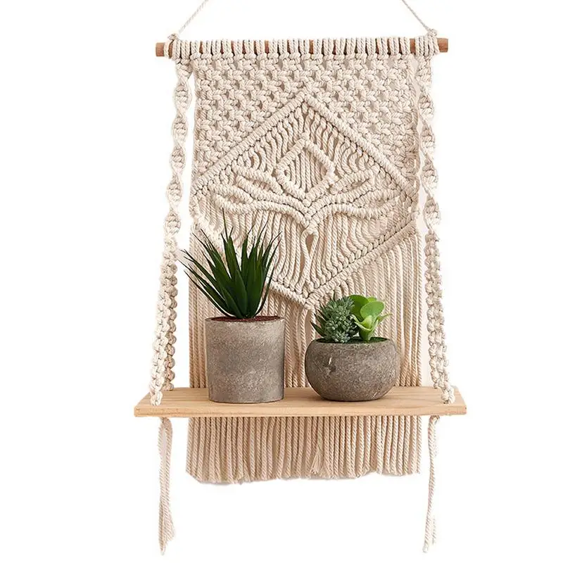 

Macrame Wall Hung Plant Shelf Wood Floating Shelf Rustic Wall Decor Boho Decor White Boho Shelves Organizer Handmade Woven Rope