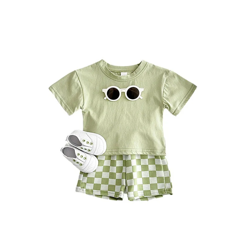 Cute Baby Boys Summer Clothes Set Tshirt Plaid Shorts