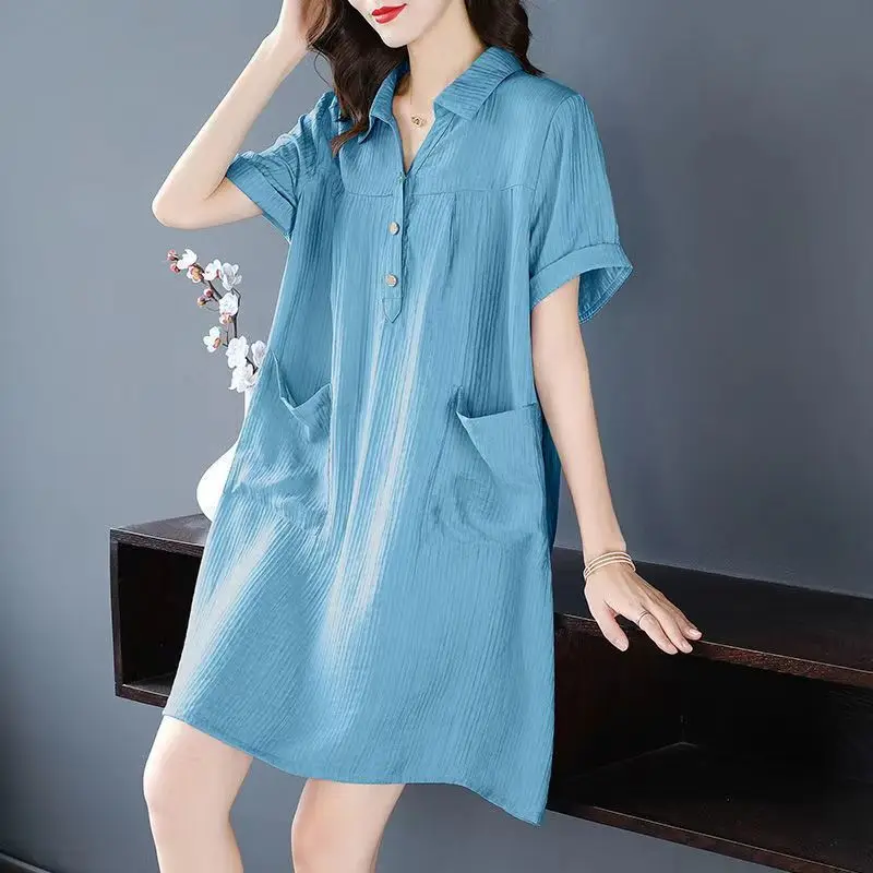 

Fashion Lapel Solid Color Pockets Casual Mini Dress Women Clothing 2023 Summer New Loose Short Sleeve Dresses