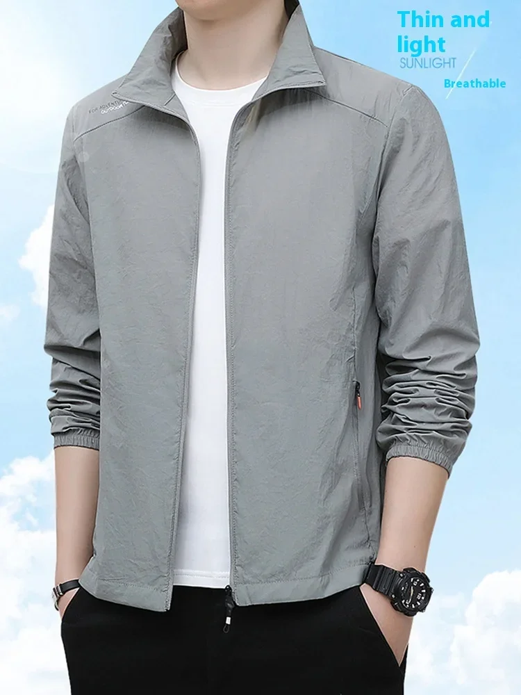 Ultra-thin Breathable Ice Silk Windbreaker Summer Men Fishing Sun Protection Clothing Man Casual Stand Up Collar Cardigan Jacket