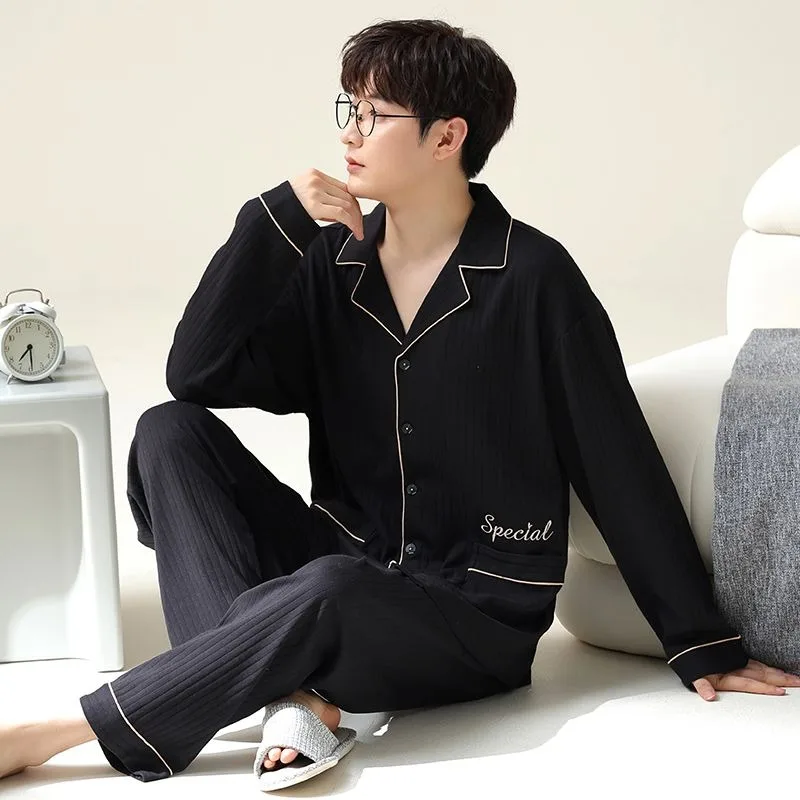 2023 New Men Pajamas Spring Autumn Loungewear Cotton Long Sleeve Boys Cotton Homewear Suit V-neck Loose Casual Nightwear