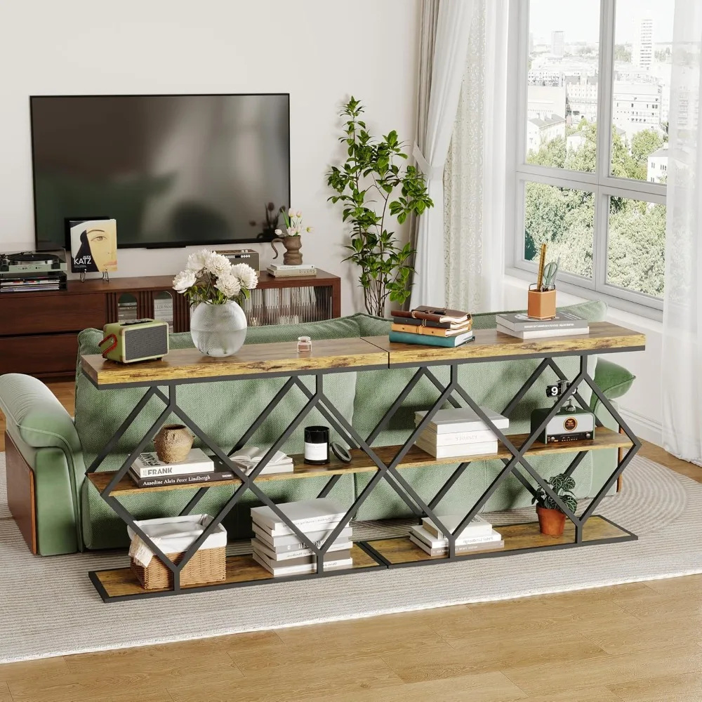 3-Tier Industrial Console Table with Storage, Rustic Brown Entryway Sofa Table, Diamond Metal Frame