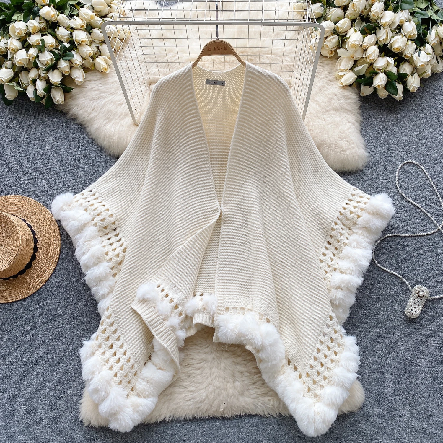 

Women Elegant Autumn Winter Fashion Hollow Out Patchwork Fluffy Sleeve Cardigan Knitted Shawl Sweater Women Poncho Vintage Coat