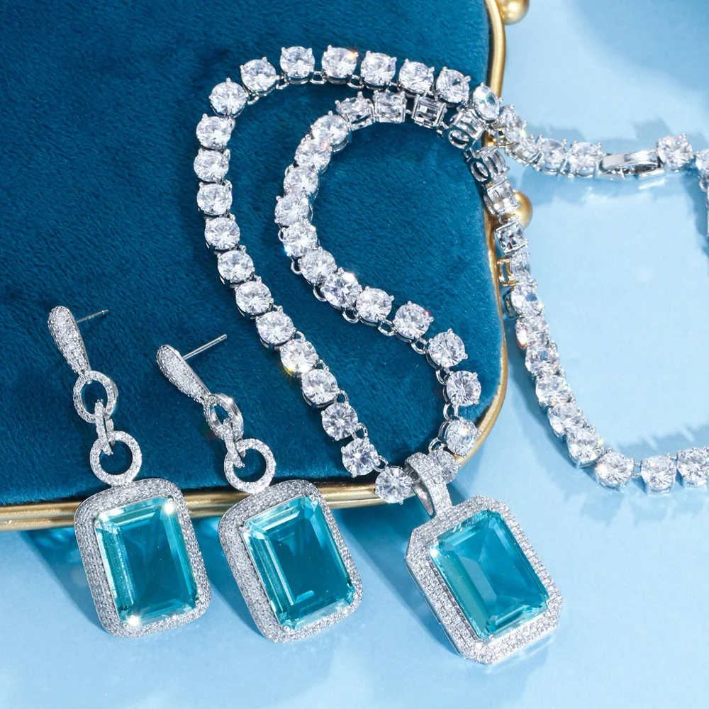 Pera Expensive Light Blue CZ Stone Large Square Pendant Crystal