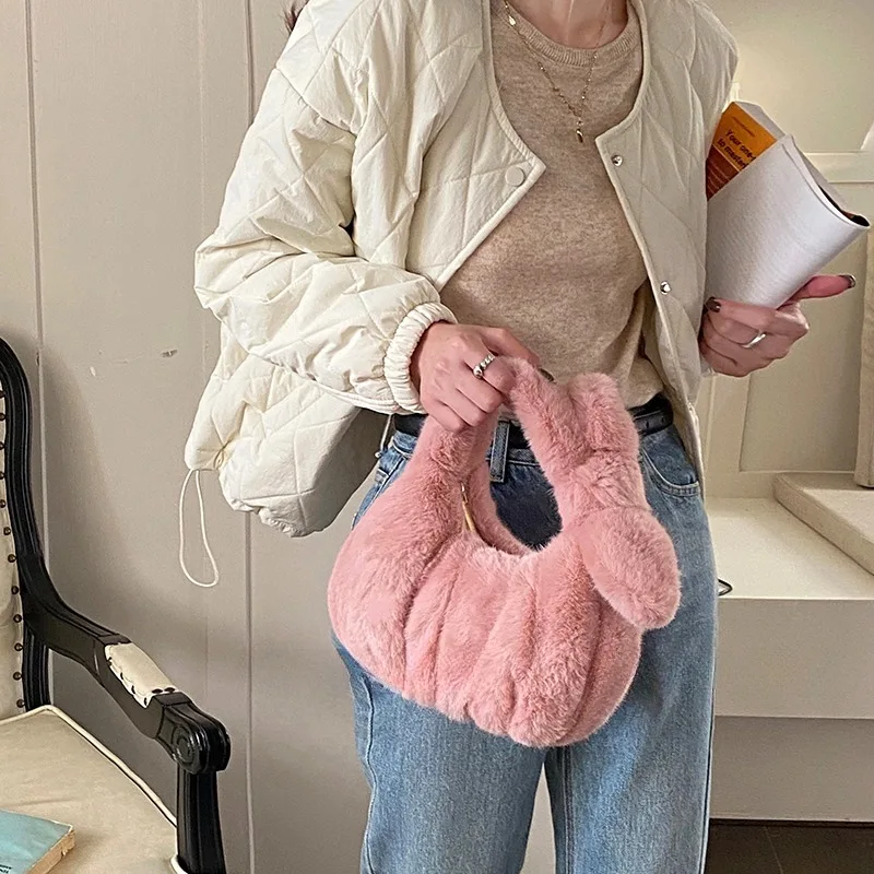 Cozy Chic Women's Autumn Winter New Plush Bag - Solid Color Ruffled Cloud Handheld Versatile Plush Tote Purse for Home Use