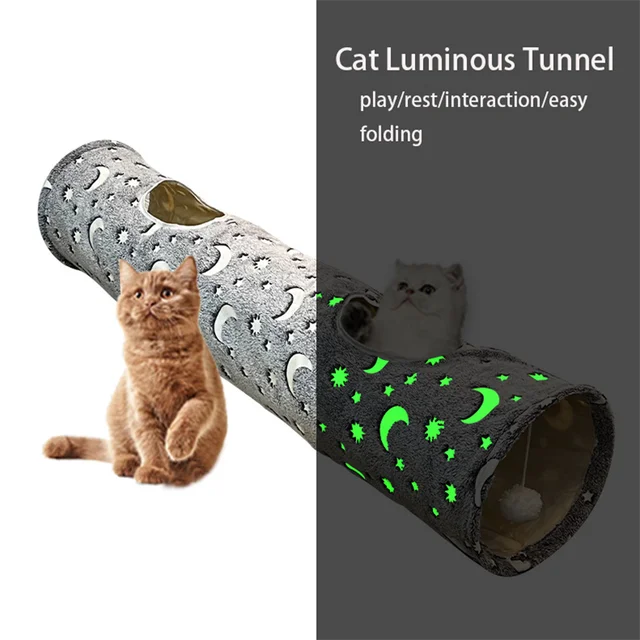 Cat Tunnel Tube with Plush Ball Toys Collapsible Self-Luminous Photoluminescence for Small Pets Bunny Rabbits Kittens and Dogs