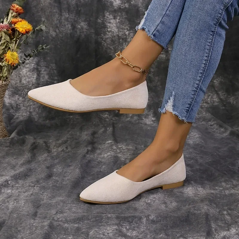 

Women's Shoes 2024 High Quality Slip on Women's Flats Autumn Pointed Toe Solid Flock Shallow Mouth Chunky Heels Concise Shoes