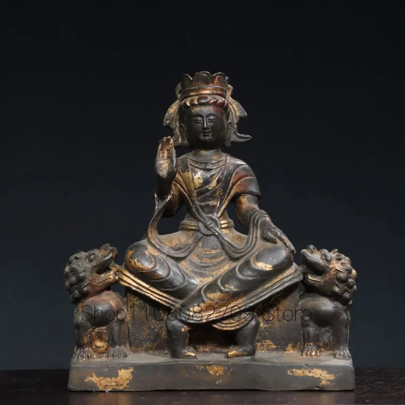 

22cm Tibetan Old Bronze Buddha Bronze Mud Detached Gold Riding Lion Manjusri Guanyin Tara Statue