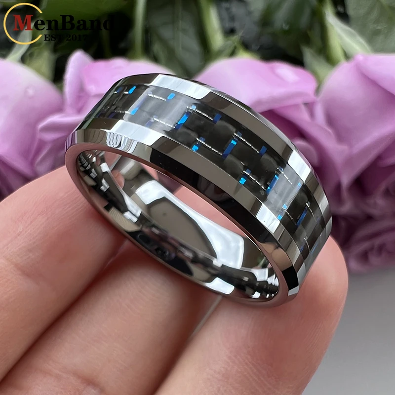 MenBand Fashion 8mm Tungsten Carbide Rings for Men Women Wedding Band Green/Blue Carbon Fiber Inlay Beveled Polishing Comfort