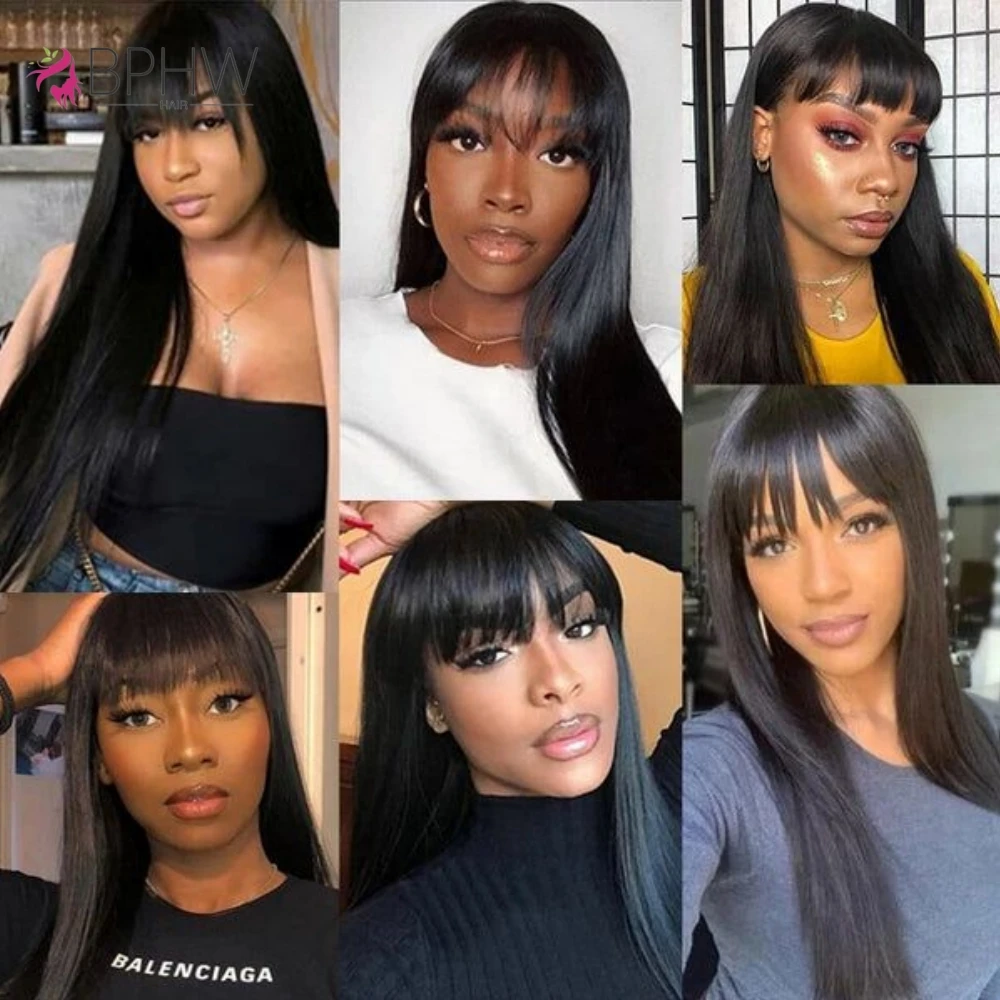 Human Hair Wigs 180 Density Full Machine Made With Bangs for Women