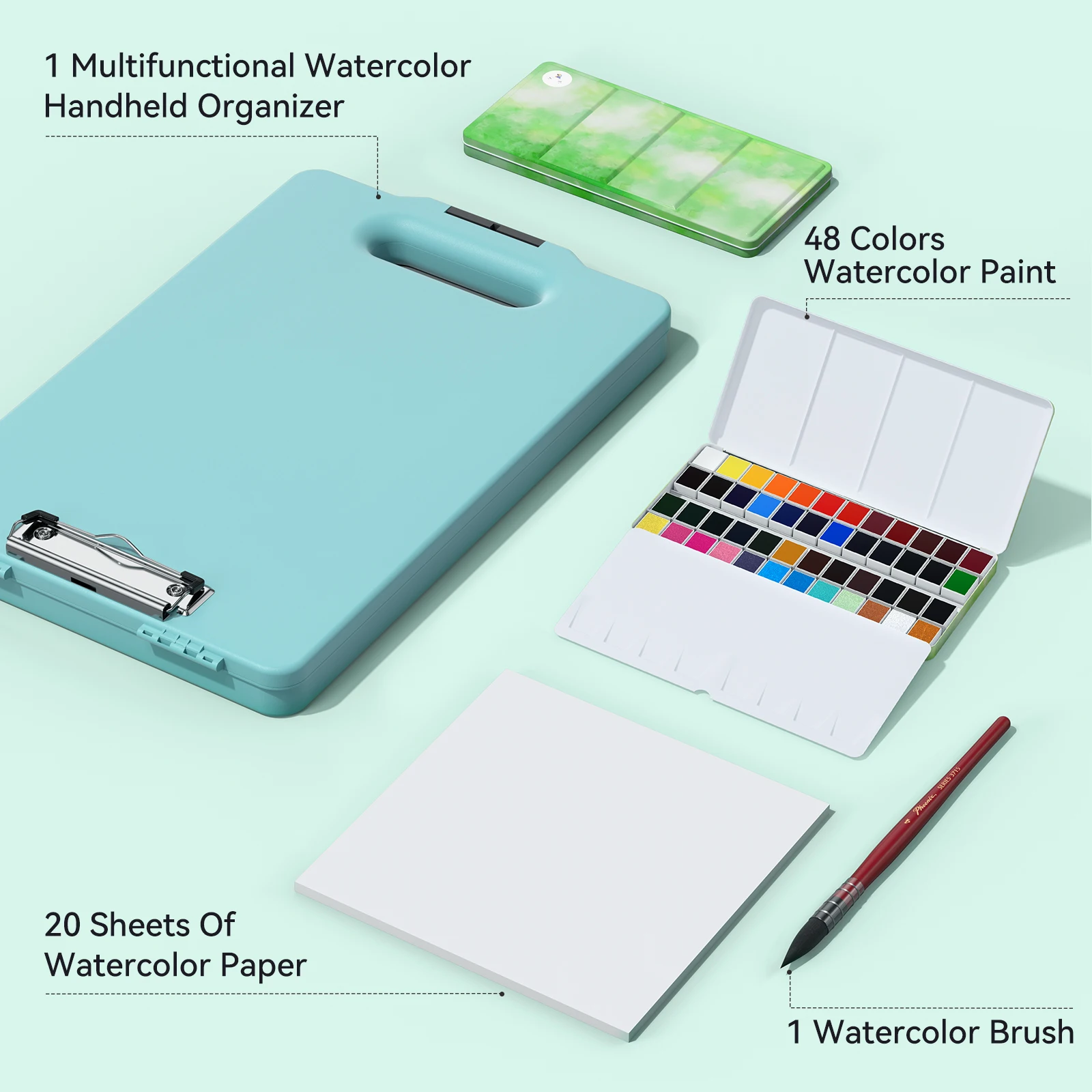 MeiLiang Travel Watercolor Paint Set Includes 48 Colors Watercolors + Paper(20 Sheets) + Paint Brush
