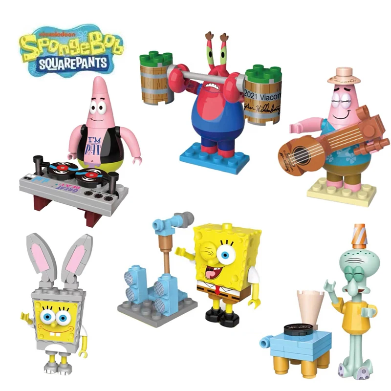 SpongeBob SquarePants Assembly Building Blocks 6pcs Twisted Egg Crab Boss's Big Star Doll Handmade Ornament Children's Toys