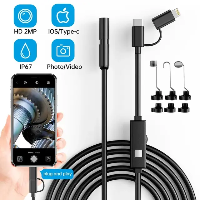 Endoscope Camera With Light For iPhone iPad IOS & Android Type-c Waterproof Borescope Industry Soft Wire Inspection Mini Camera