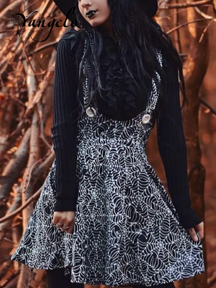 

Yangelo Gothic Spider Web Printed Sexy Elegant Dress Female Spring Soft Dress Girl Sleeveless Sling Cute Mini Dress Preppy Style