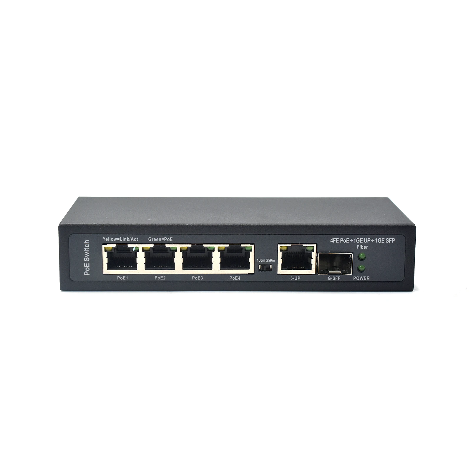 

4FE PoE + 1 Gigabit Uplink + 1 SFP Fiber Ports Support IEEE802.3af/at External Power 65W 4 Port POE Switch