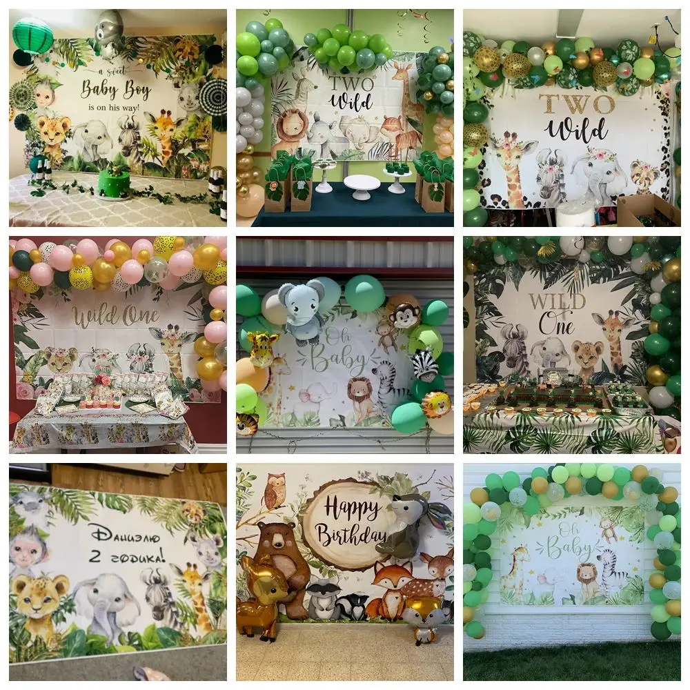Tropical Jungle Safari Wild One Backdrop Photo Backdrop First Birthday Forest Animal Newborn Baby Shower Birthday Party Photography Background