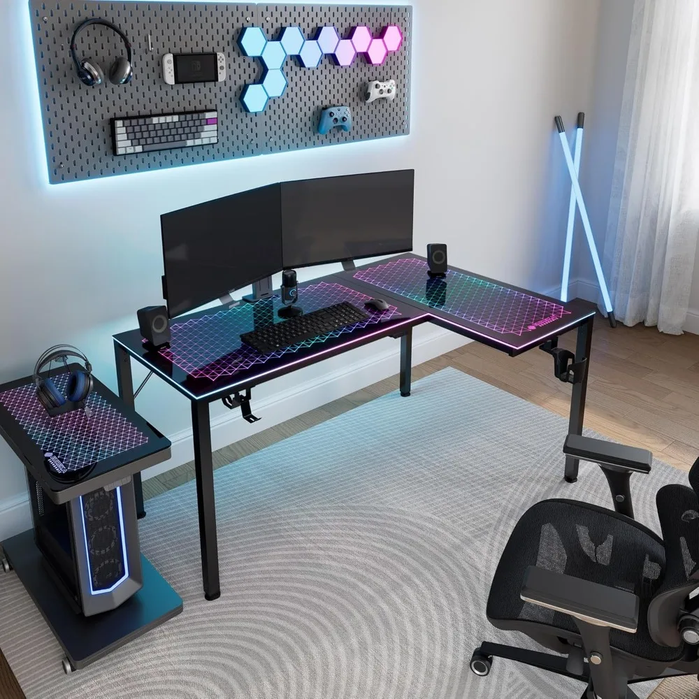 RGB LED Lights 60 Inch L Shaped Reversible Black Glass Gaming Desk Home Office Computer Table GTG L60 2
