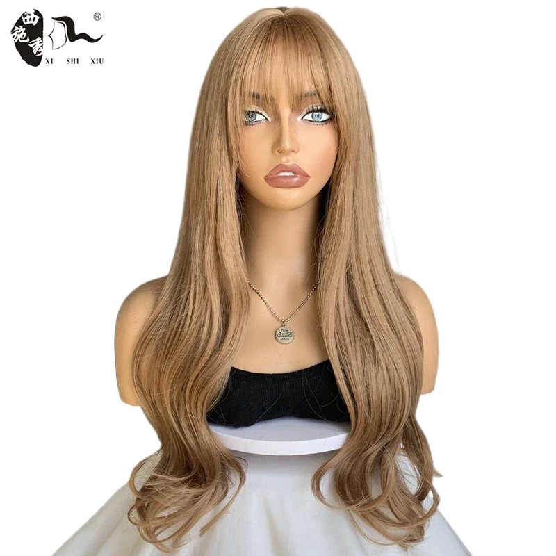 

Mixed Brown Blonde Wig Long Wavy Synthetic Hair Wigs With Bangs For Women High Temperature Holiday Party Fake Hair Cosplay Wigs