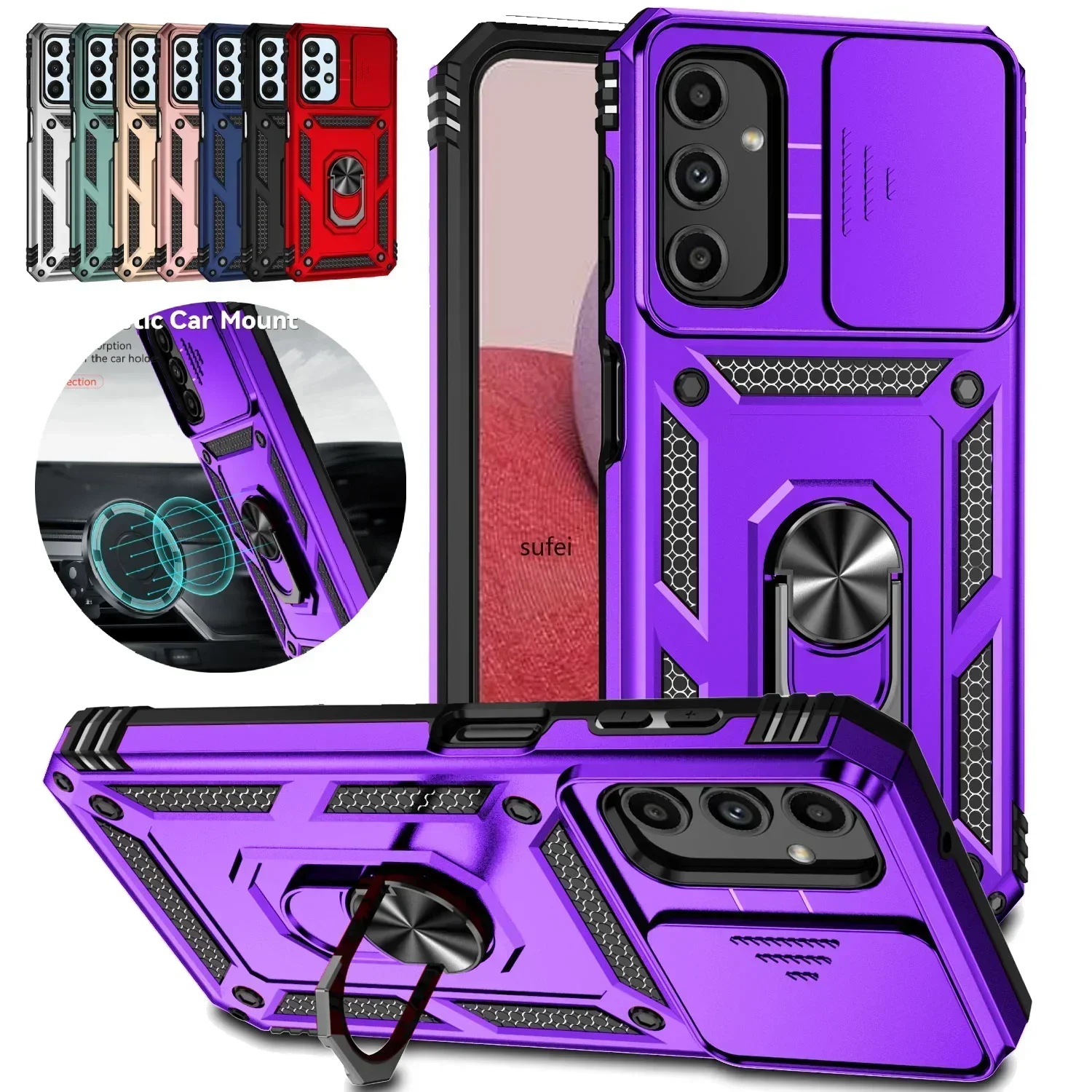 Military Grade Armor Case with Slide Camera Lens Cover and Holder Ring Stand