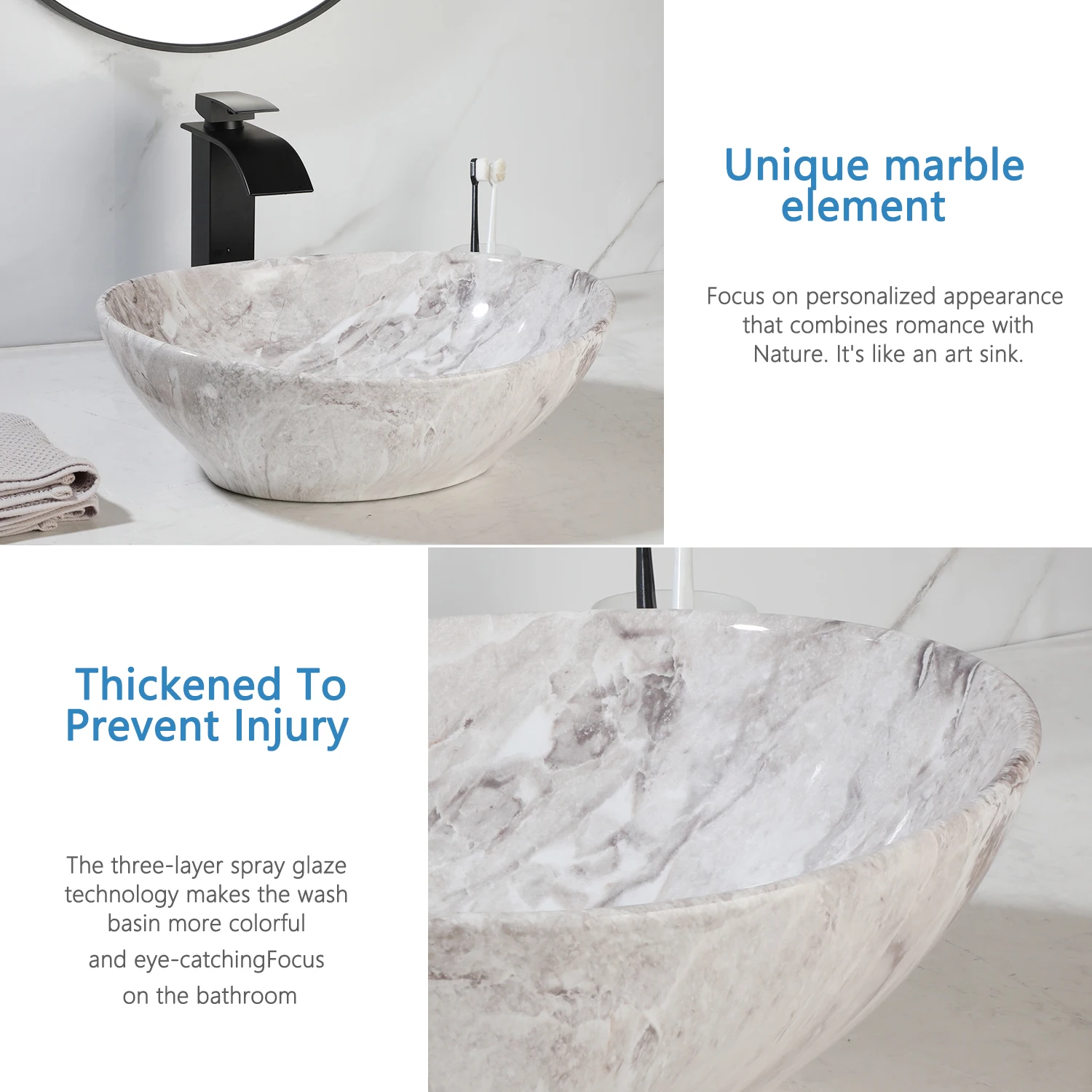 KEMAIDI Ceramic Vessel Sinks Oval Bathroom Sink Above Counter Vessel Sink with Faucet and Drain Combo 16 inch Marbling Vessel 4