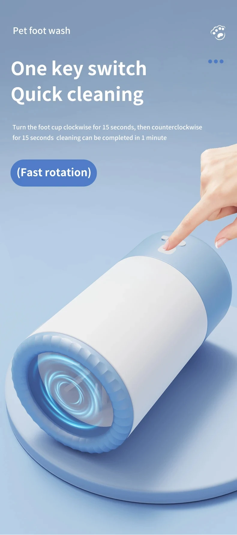 A hand pressing the power button on the blue base of the pet foot wash device. The device is laying on its side, showing the interior blue silicone bristles spinning in a "Fast rotation." Text explains to turn it clockwise and counterclockwise for 15 seconds each.
