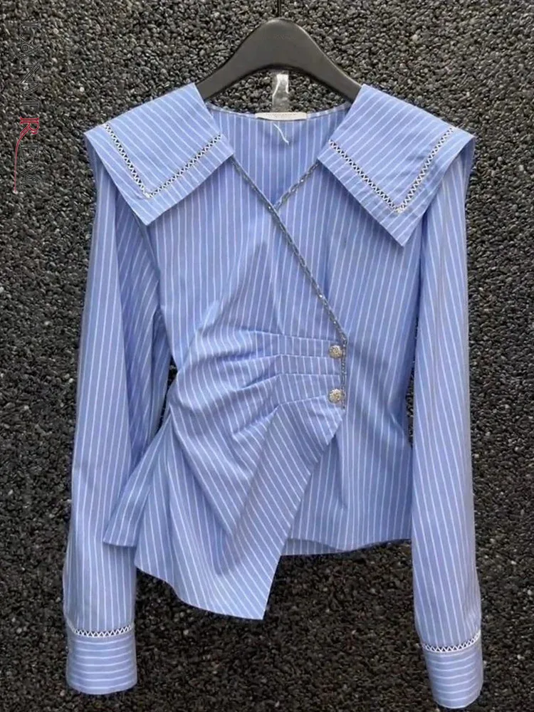 

Женская рубашка LANMREM в голубую полоску, с V-образным вырезом и длинным рукавом, однобортная Асимметричная блузка, модная новинка 2024, одежда CP2793