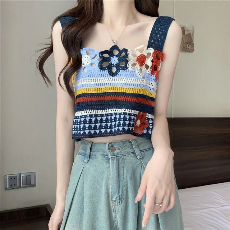 

French Hollowed Out Flower Crop Top Women Summer New Loose Striped Knit Sweet Color Sleeveless Square Neck Tank Top