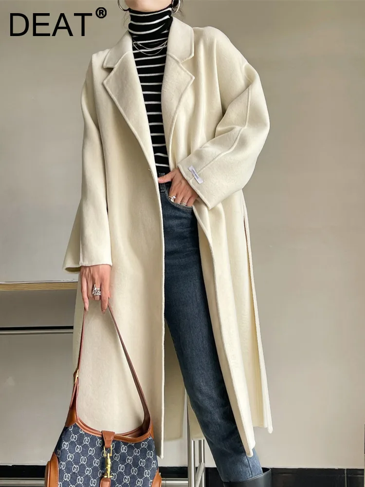 

DEAT Fashion Women's Overcoat Lapel Loose Lace Up Waist Solid Color Mid Length Version Double Faced Woolen Coat Winter 2023 New