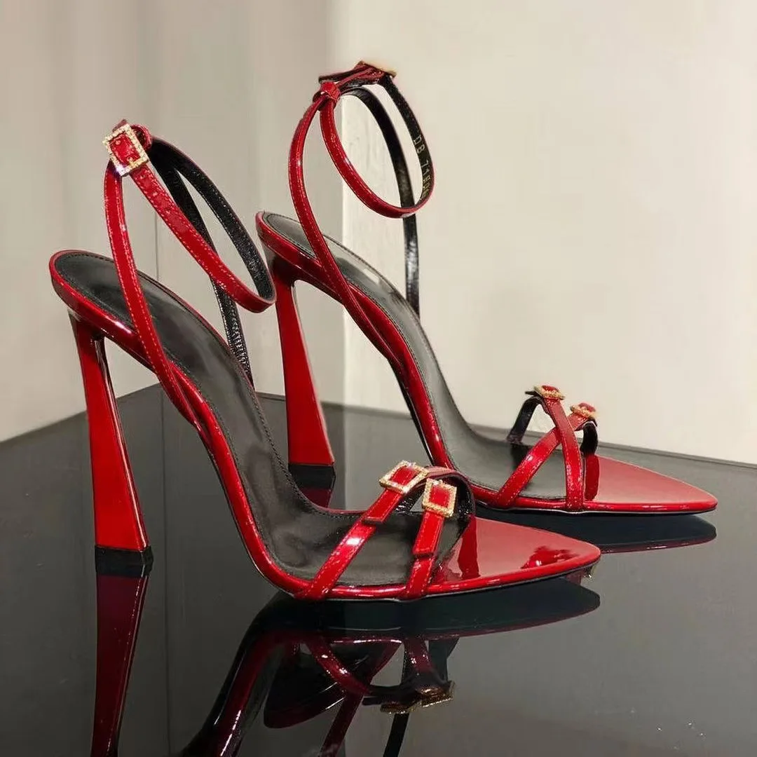 

Solid Color Patent Leather Sandals Summer Open Toe Women Shoes Spike High Heel Bordered Rhinestone Buckle Strap Zapatillas Mujer