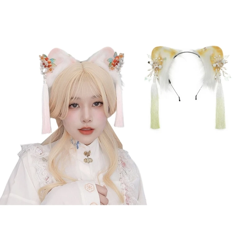 Adult Chinese Style Cute Cat Ears Shape Headband with Tassel Decors Hair Hoop Makeup Easter Cosplay Party Headpiece hot selling new 1pcs easter gifts bag christmas birthday halloween party candy bag bunny ear easter bunny jewelry carrying cases