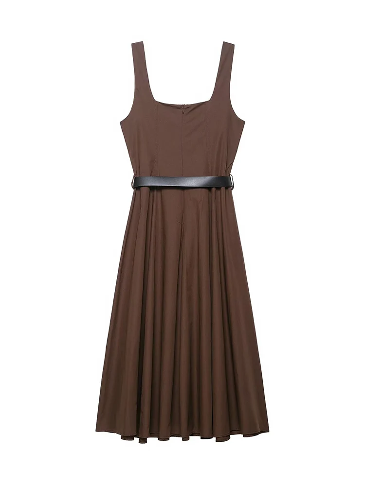 TFMLN Summer Women's Elegant Square Neck Midi Dress Sleeveless Solid Belt Pleated A-Line Dress Fashion Leisure Beach Vacation
