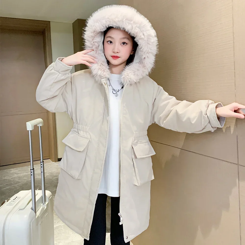 

Winter Girls Jacket 5-12 Years Kids Hooded Fur Collar Long Coat Children's Cotton Outerwear Parka Snowsuit