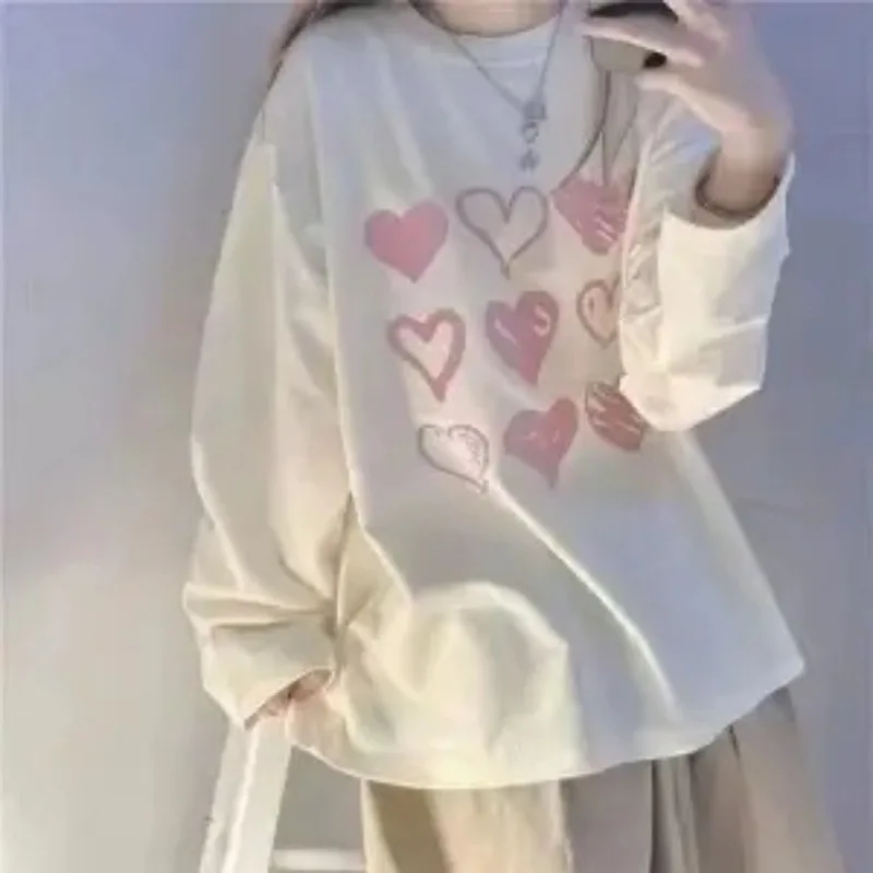 

Autumn Women's Sweetshirts Love Print O-Neck Pullovers T Shirt Casual Loose Long Sleeve Korean Style Kawaii Preppy Street Wear