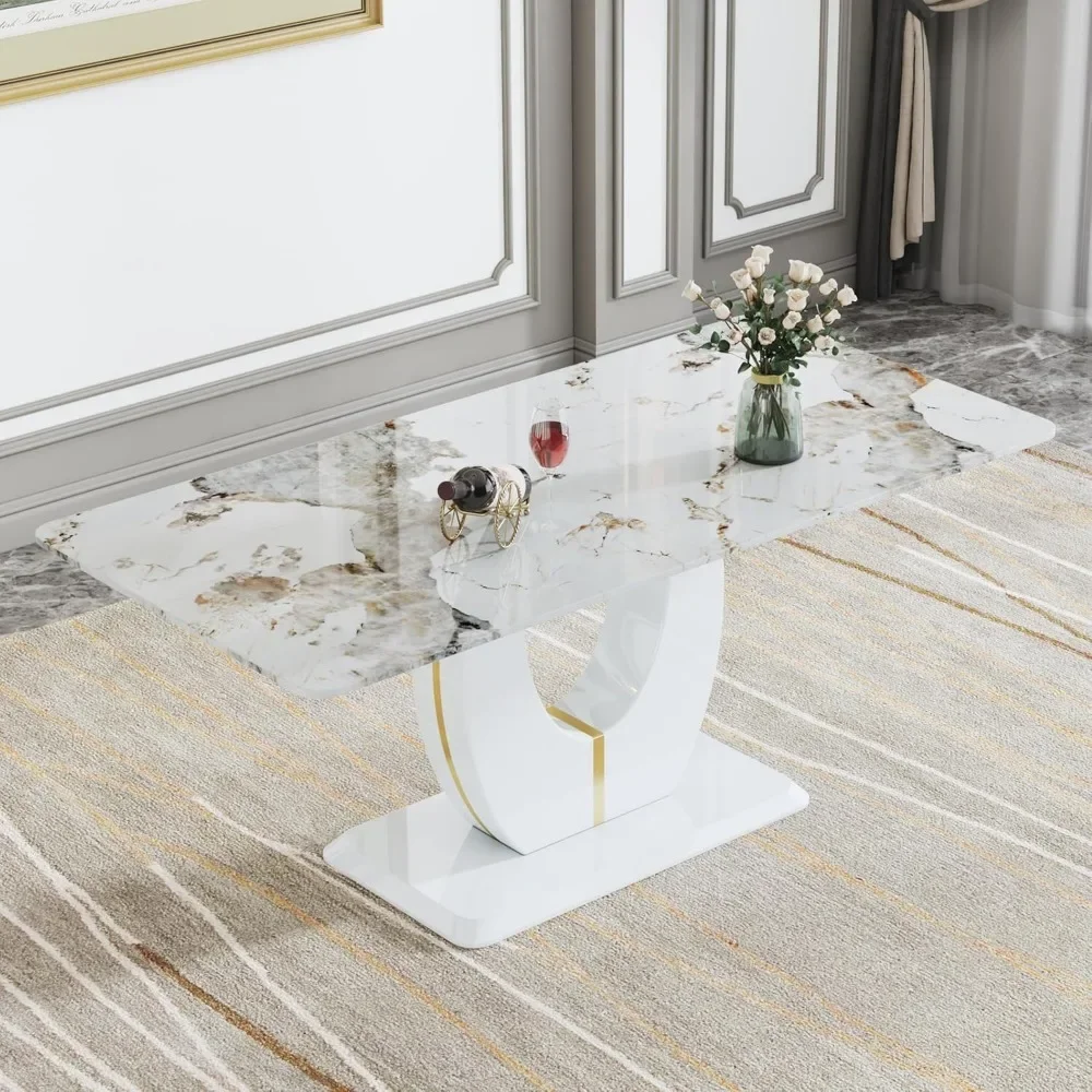 Dining Table 71" Marble Kitchen Table Modern Rectangular Dining Room Table with Marble Tables Top Wood Pedestal Base Ideal 3