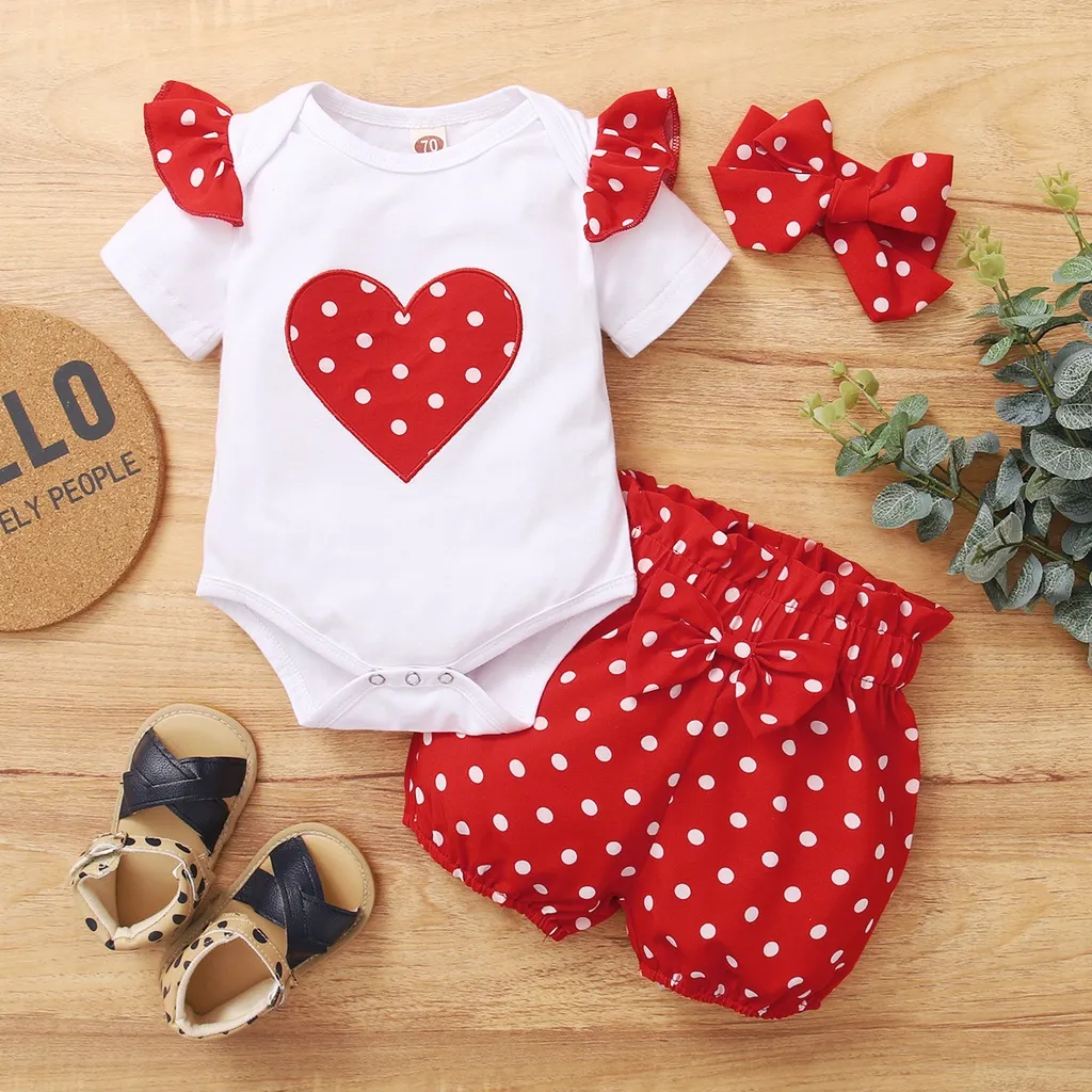 0 18 Months Newborn Baby Girl Cute Polka Dot Summer Outfit Set Short Sleeve Bodysuit Pants Headband Toddler Girls Clothing