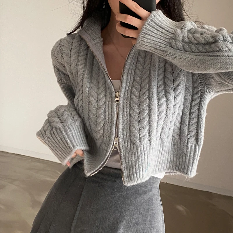 

2023 Autumn And Winter Korean Version Fashionable Dual Zippers Twist Sweater Jacket Temperament Women Knitted Cardigan T747