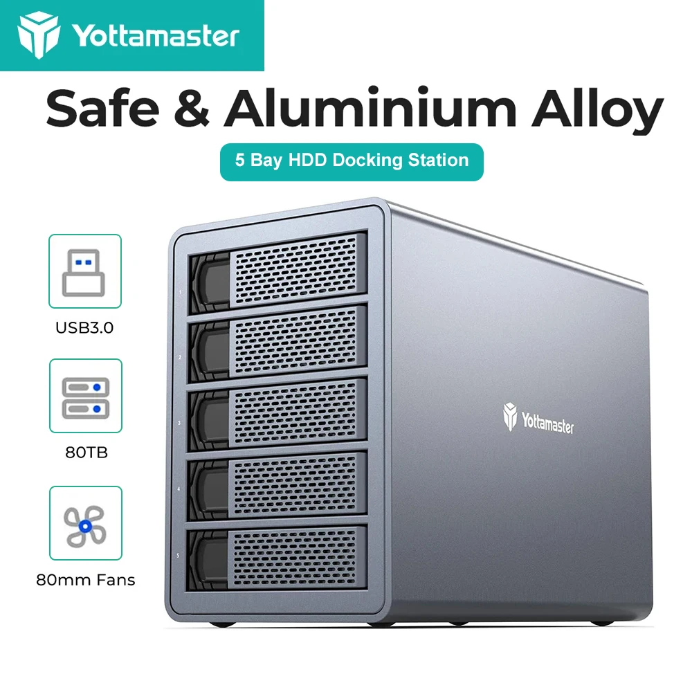 

Yottamaster 5 Bay Hard Drive Enclosure USB3.1 (GEN2) Type-C External HDD Enclosure Support 2.5"/3.5" SATA SSD 80TB Data Storage