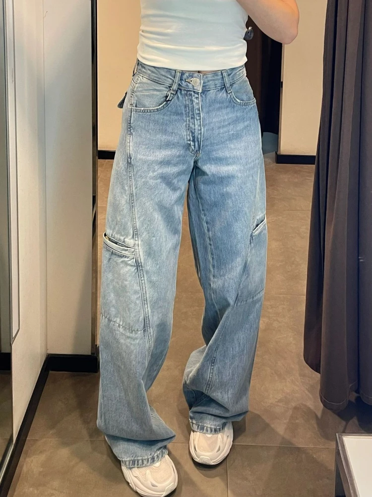 

ADAgirl Baggy Cargo Jeans Women Harajuku Fashion Straight Blue Wide Leg High Waist Denim Pants Hip Hop Y2k Causal Korean Trouser