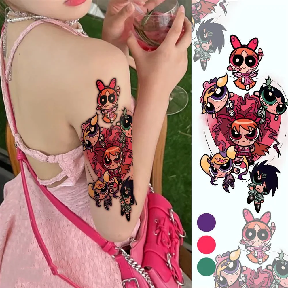 Anime Colourful Temporary Tattoos Cartoon Girl Transfer Tattoo Arm Hand Body Art Waterproof Fake Tatoo Sticker for Woman Men Kid