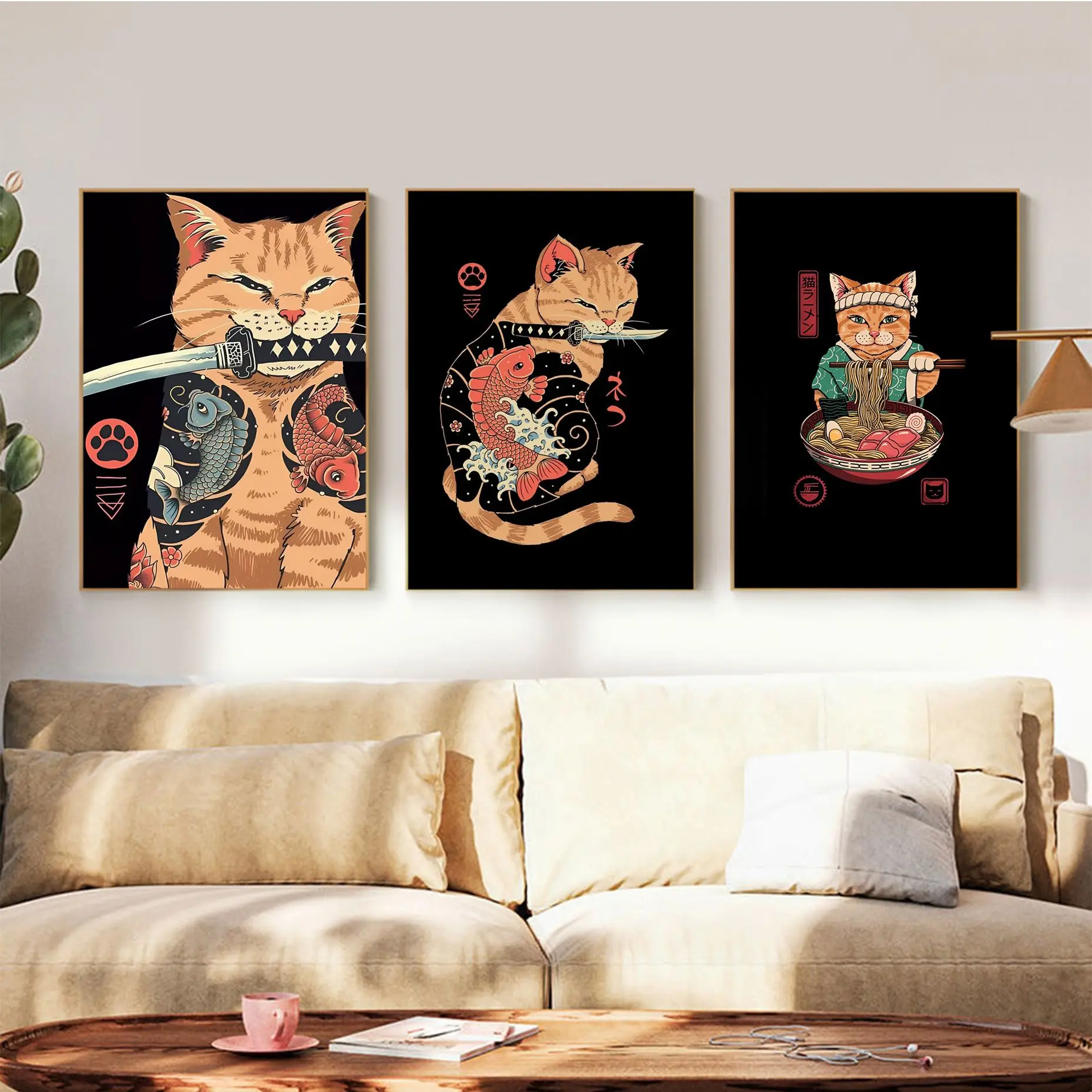 

Japanese Samurai Cat Whitepaper Poster Waterproof Paper Sticker Coffee House Bar Stickers Wall Painting