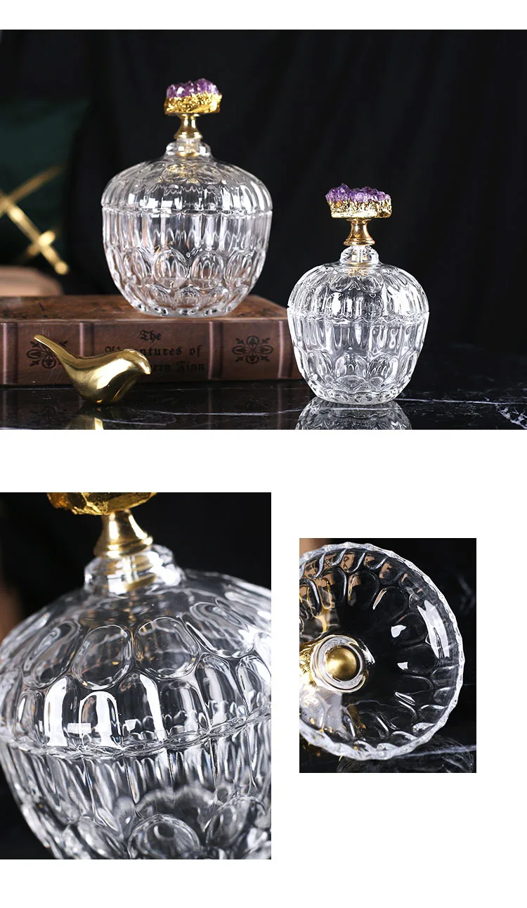 Description Picture 6 of itemNatural Crystal Decorative Glass Jars with Lid Simple Candy Pot Tea Leaf Storage Grain Dispenser Coffee Table Decorations