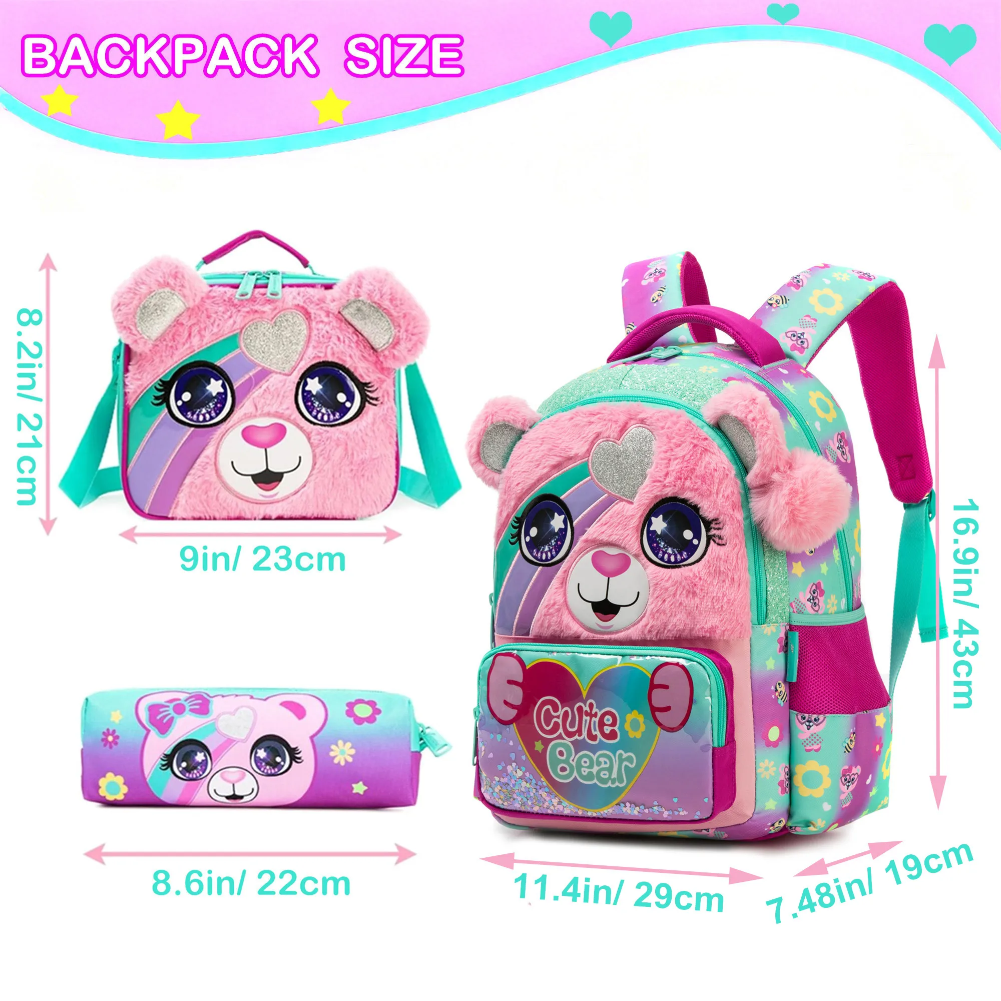 Kids Backpack for Girls Cute School Bag Set with Insulated Lunch Tote Back to School Bookbag Perfect Gift for Elementary Student 2