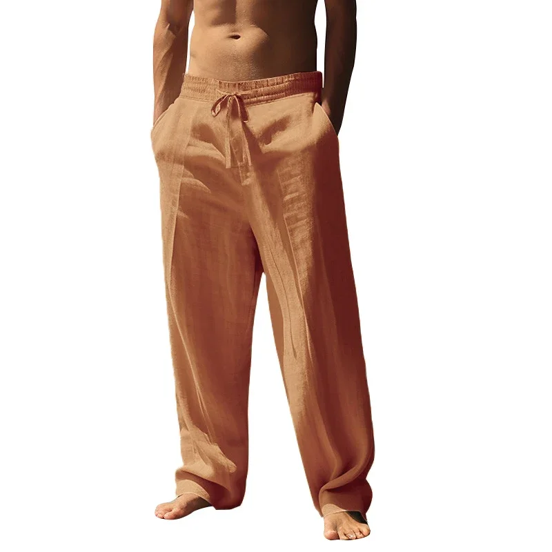 Herren Leinen Freizeithose Elastische Taille Strandhose Leichte Kordelzug Sommer Yogahose Einfarbige Strandhose – Detail 16