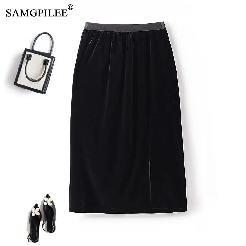 

Женская бархатная длинная юбка, элегантная повседневная юбка с поясом на резинке и разрезом, в японском стиле, Y2k одежда 4XL, Осень-зима 2023